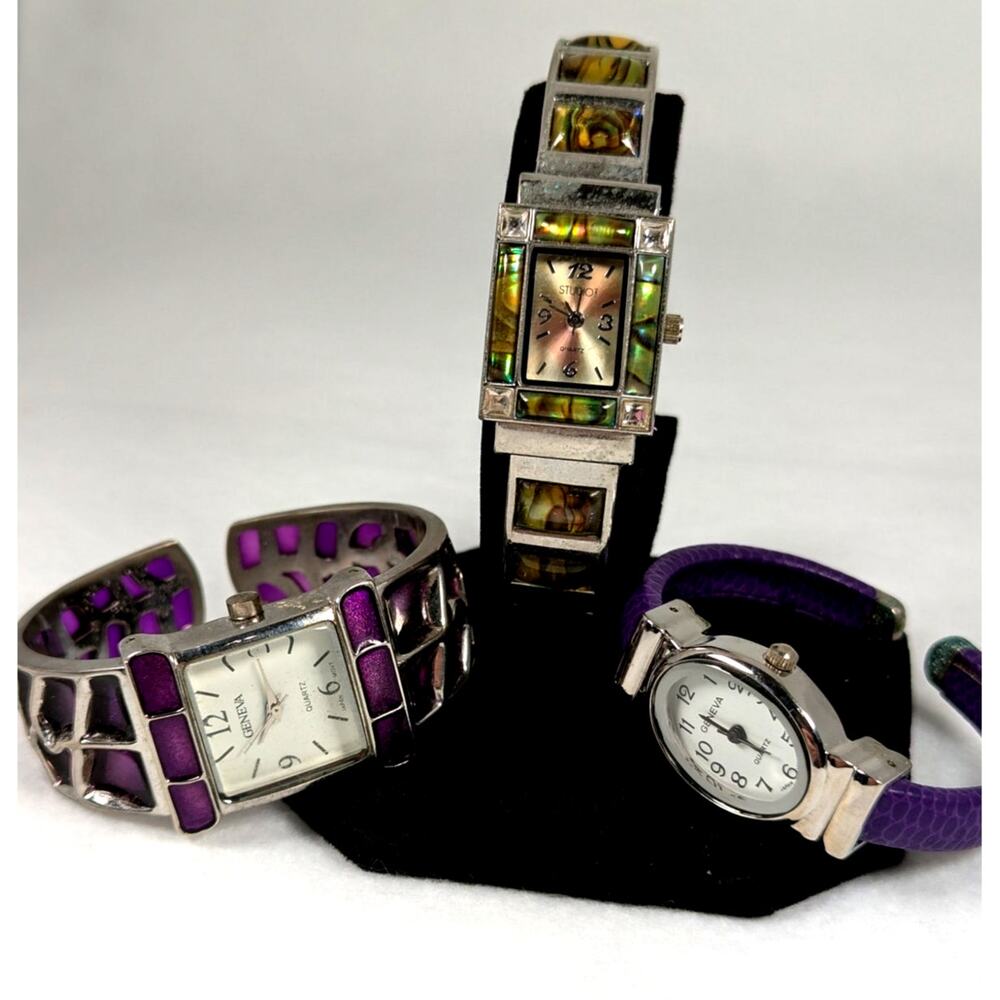 Y2K Vintage Bangle Cuff Watch Lot of 3 Purple Abalone Geneva StudioTime Untested